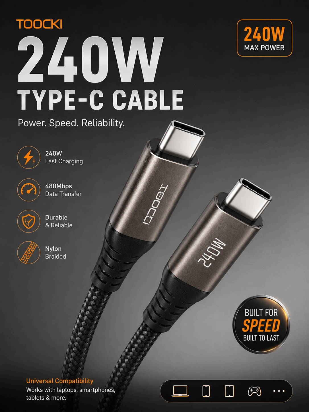 TOOCKI USB C Cable 2 Meter 240W Fast Charging Cable for iPhone, iPad, MacBook, Laptop, 4K Screen Monitoring & 480Mbps Data Transfer